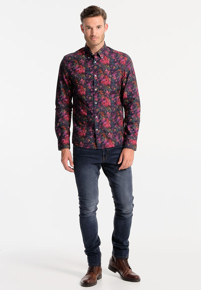 Chemise homme collector noire tapisserie fleurie