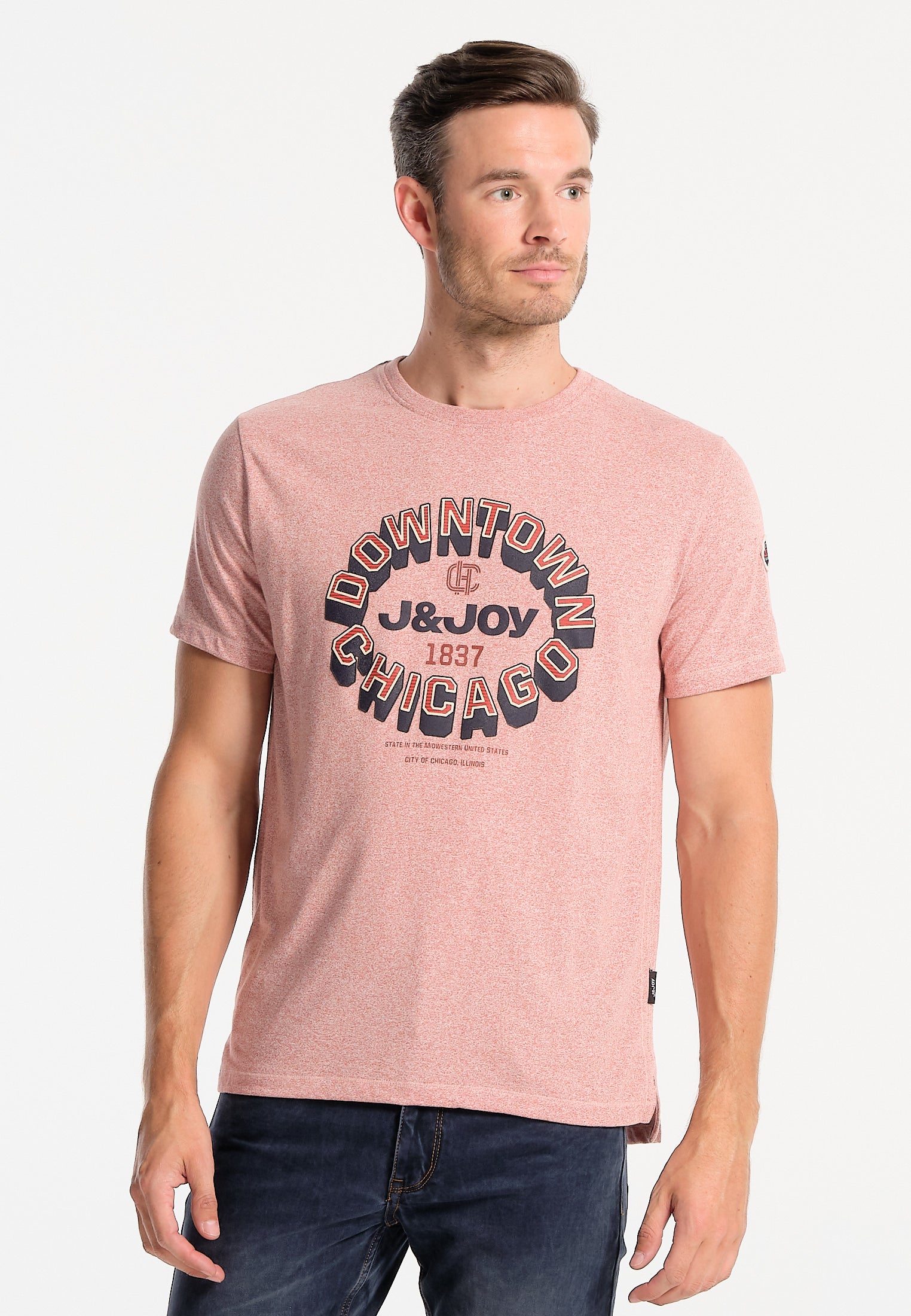 J JOY Men s Pink Downtown Chicago Logo T Shirt