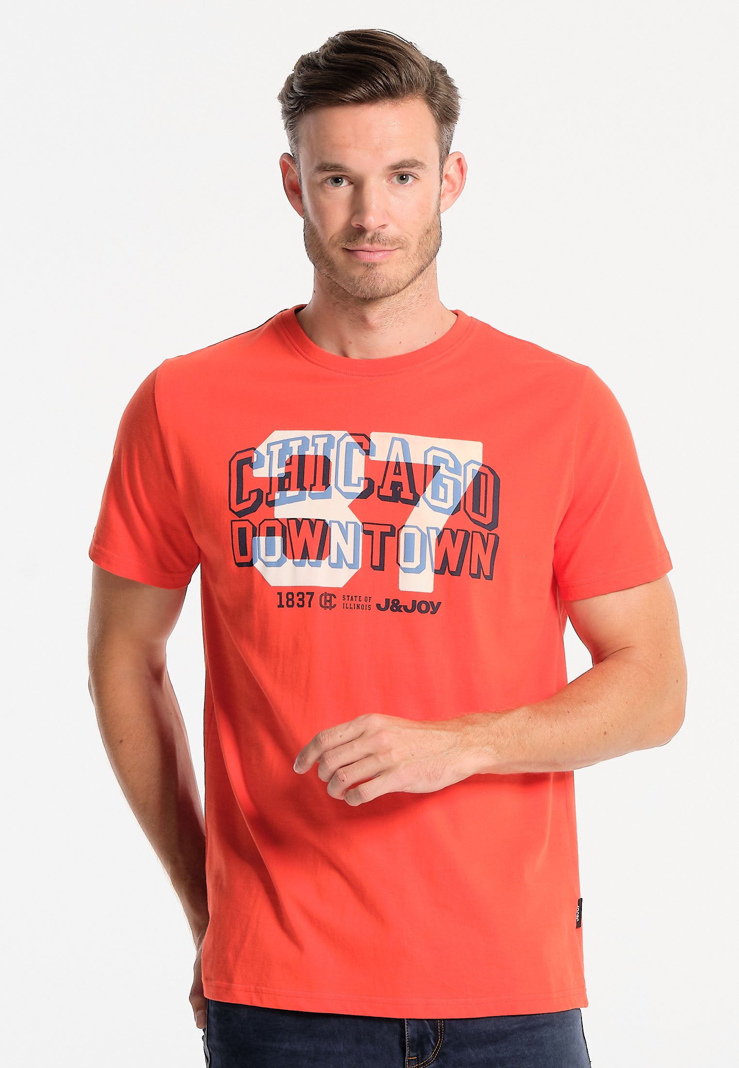 J JOY Men s orange T Shirt with 37 Chicago logo