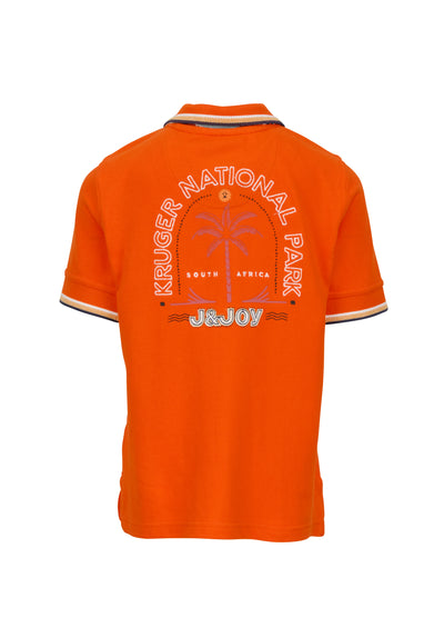 Boys' orange polo shirt with logo on the back