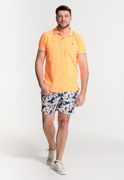 Men's orange polo shirt with contrasting finishes