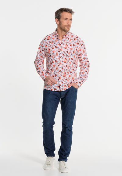 White men's shirt and red flowers