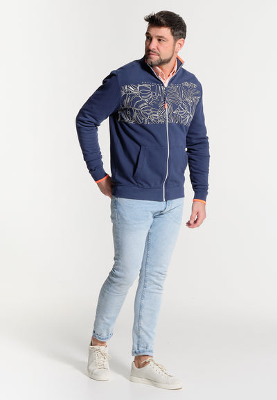 Men's blue sweatshirt with zipper and plant print