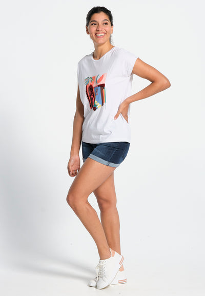 White women's T-shirt with printed pattern