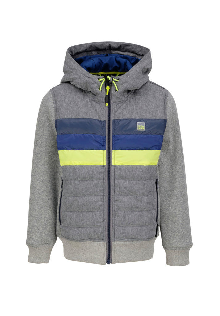 Boys' gray jacket with hood and yellow and blue bands