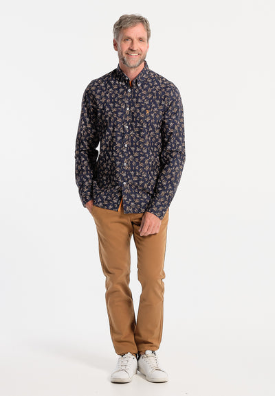 Men's navy blue collector's shirt with orange and white flowers