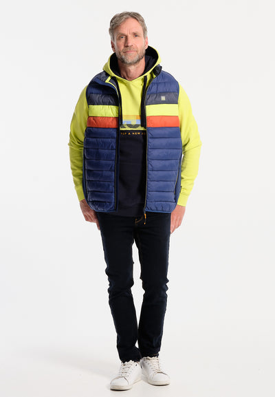 Men's navy blue jacket with colored stripes
