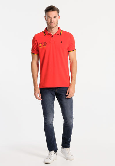 Red men's polo shirt, back pattern