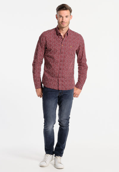 Burgundy men's shirt with micro-leaves