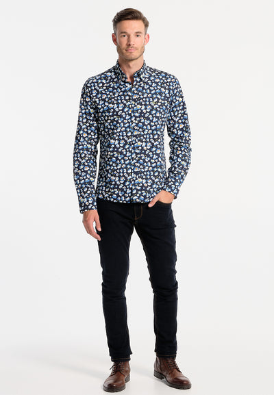 Navy blue men's shirt with brushed flowers