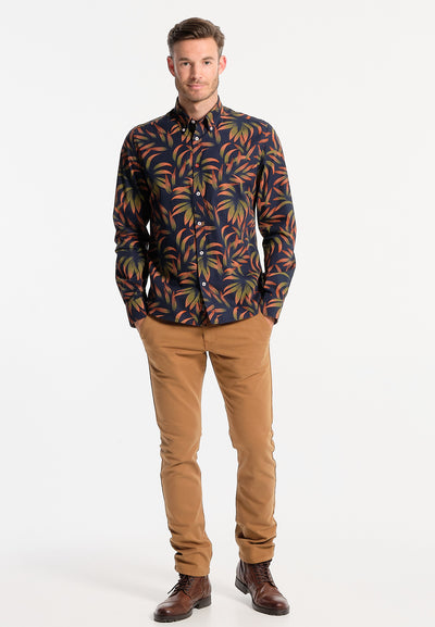 Men's navy blue shirt with large leaves