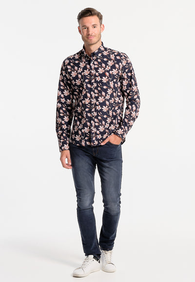 Men's navy blue shirt with white flowers