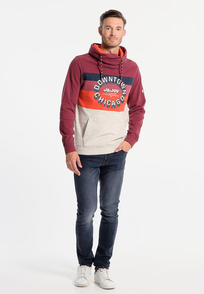 Men's burgundy sweatshirt with bands and Downtown Chicago logo