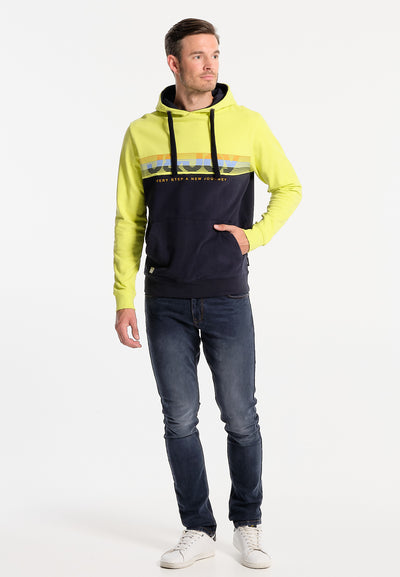 Men's lemon yellow and navy blue hooded sweatshirt