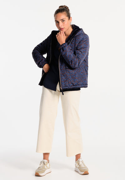 Women's reversible jacket with navy blue leopard print