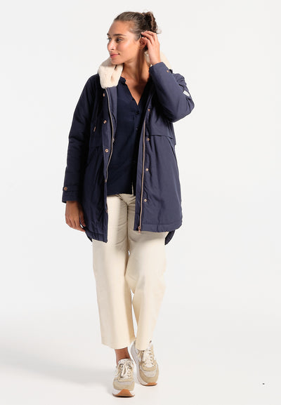 Women's navy blue parka with wool lining and press studs
