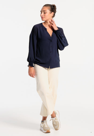 Women's navy blue blouse with elasticated cuffs