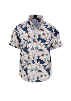 Boys' short-sleeved blue shirt with large white flowers