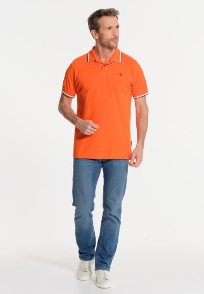 Orange men's polo shirt with logo on the back