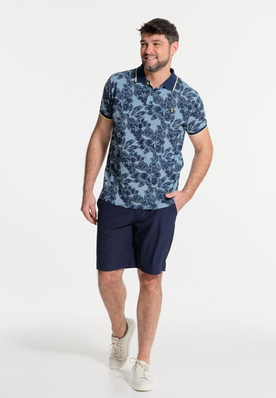 Men's blue polo shirt with plants