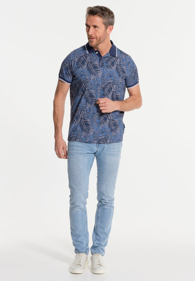 Men's blue polo shirt with fine leaves