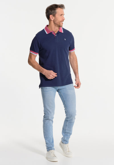 Men's navy blue polo shirt with patterned collar