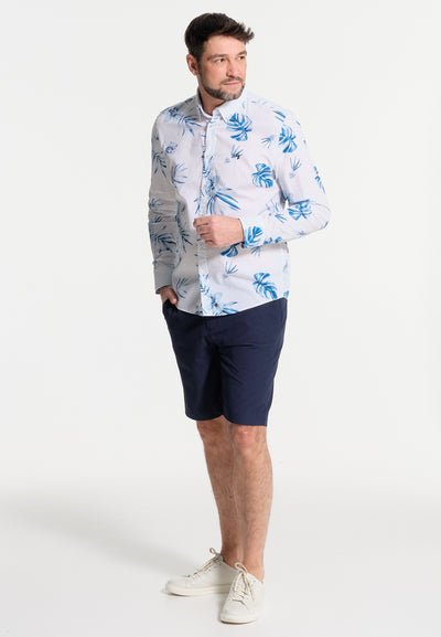 White men's shirt and blue flowers