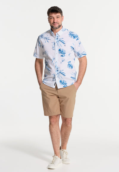 Men's white short-sleeved shirt with blue flowers