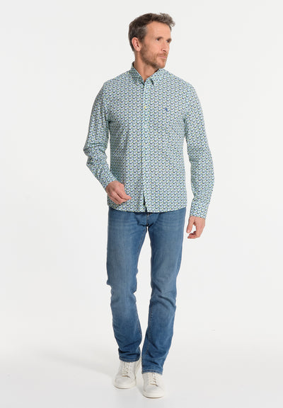 White men's shirt and turquoise micro-flowers
