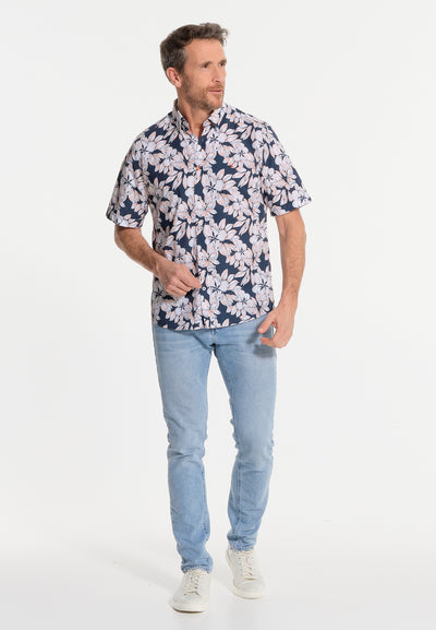 Men's short-sleeved blue shirt with large white flowers