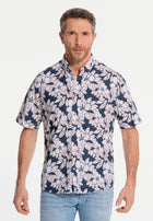 Men's short-sleeved blue shirt with large white flowers