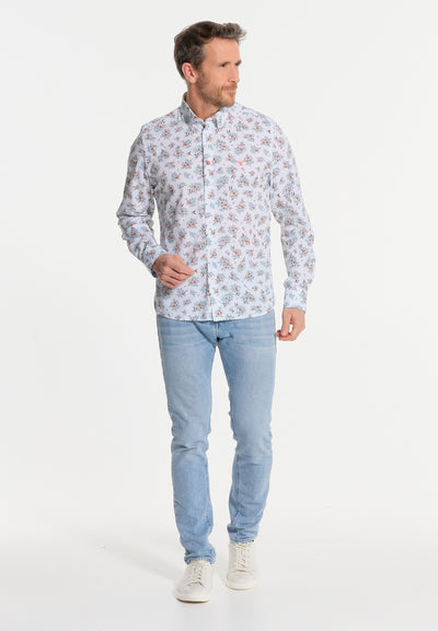 White men's shirt with drawn flowers