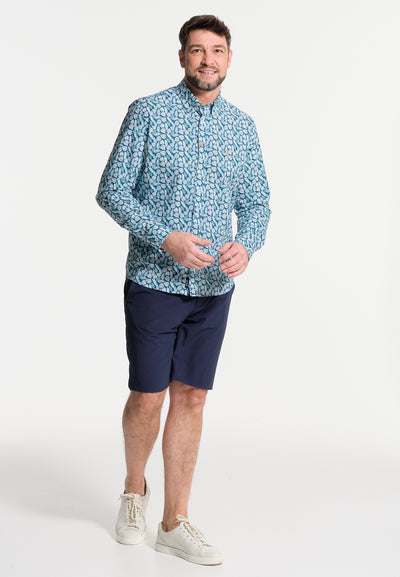Men's blue shirt and leaves