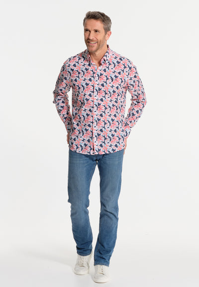 Blue men's shirt with red flowers