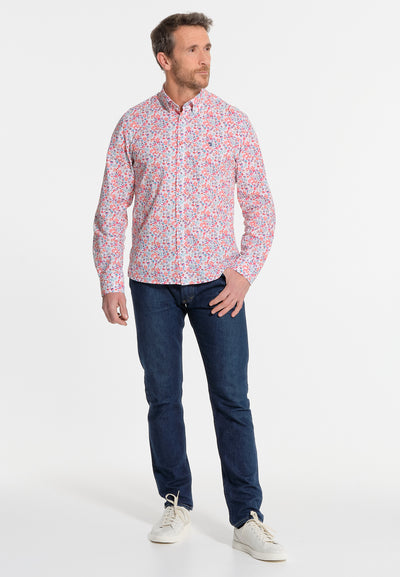 White men's shirt with red-orange flowers