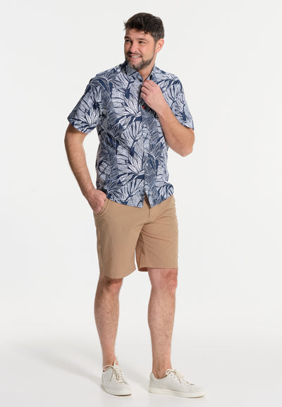 Men's short-sleeved blue shirt with gradient leaves