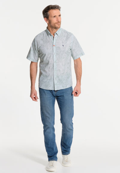 Men's short-sleeved turquoise and plant shirt - linen effect
