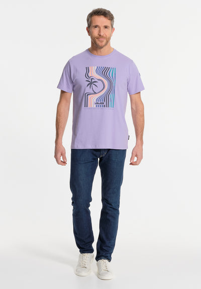 Purple men's t-shirt, beach and palm tree