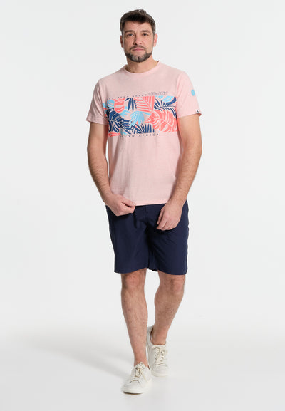 Men's pink t-shirt and leaves on the chest