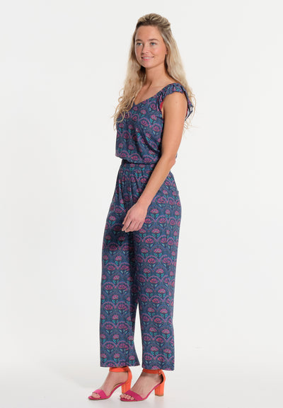 Blue flared cut pants with patterns