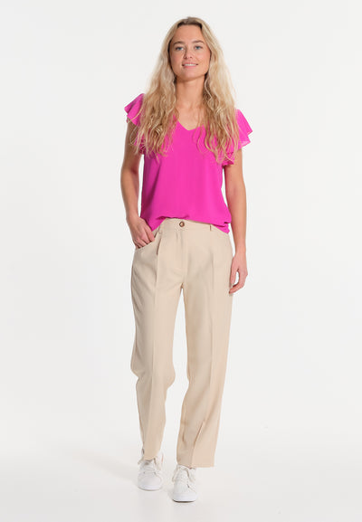 Pink V-neck top with light sleeves