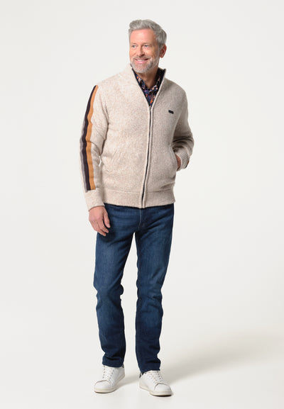 Beige men's sweater with lined sleeves