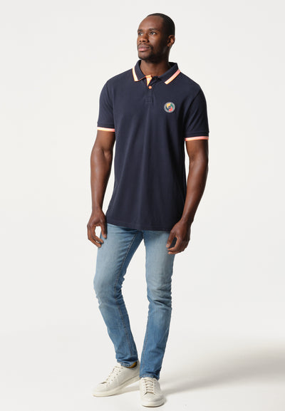 Blue men's polo shirt with logo on the back