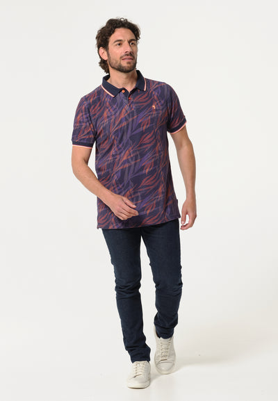 Blue men's polo shirt with plant print