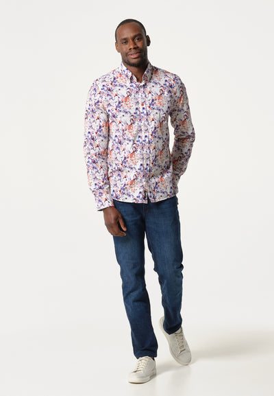 Men's white and purple floral print shirt