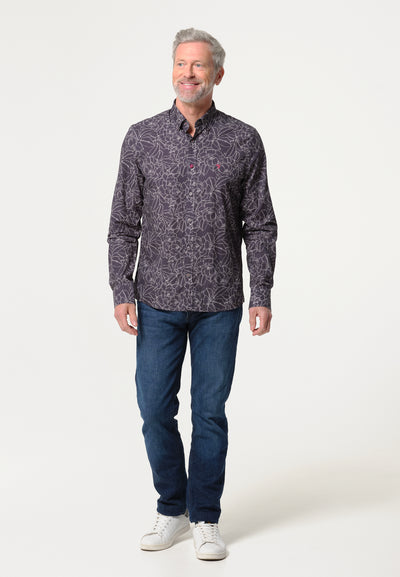 Dark men's shirt with filigree leaf pattern