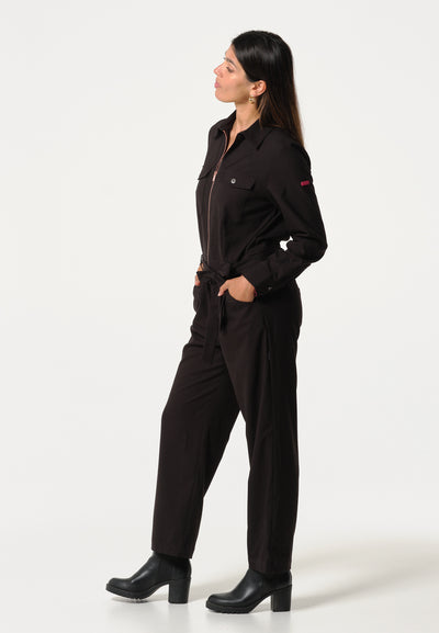 Women's navy blue jumpsuit with zipper and chest pockets