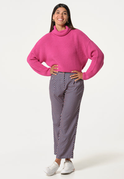 Pink women's sweater with high collar