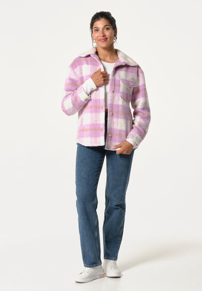 Women's pink check fleece with lined collar