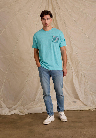 Men's blue T-shirt with geometric pattern pocket